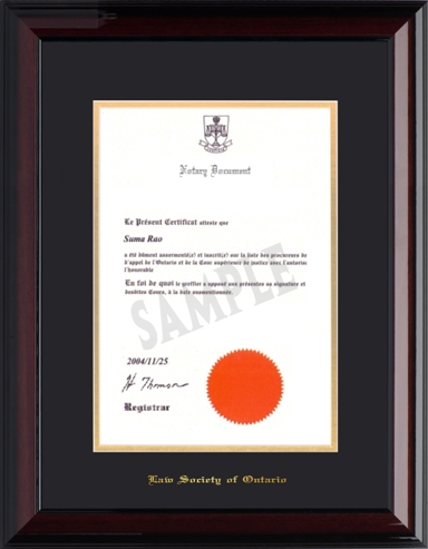 (#3 BLACK) Notary Public (8.5x14V) - Wood frame with glossy mahogany finish, black and gold mat board and gold embossing